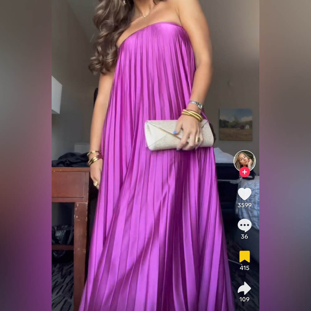 Boohoo size 8 Pleated Satin Purple Bandeau Maxi Dress